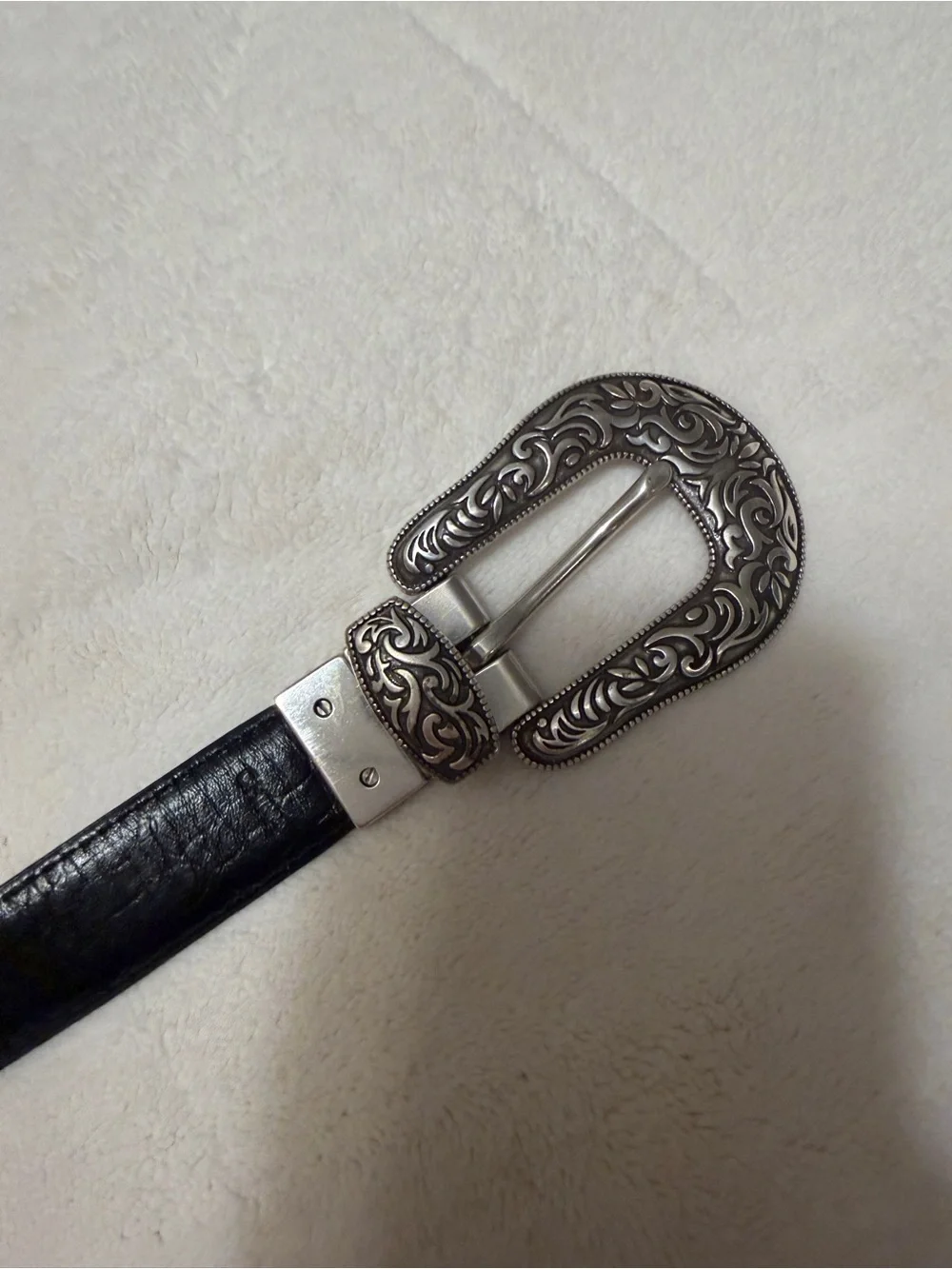 Vintage Black Western Reversible Leather Belt with Ornate Silver Buckle